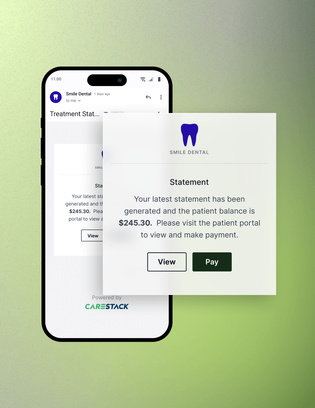 Smartphone displaying a dental statement notification from Smile Dental, showing a balance of $245.30 with options to view or pay.
