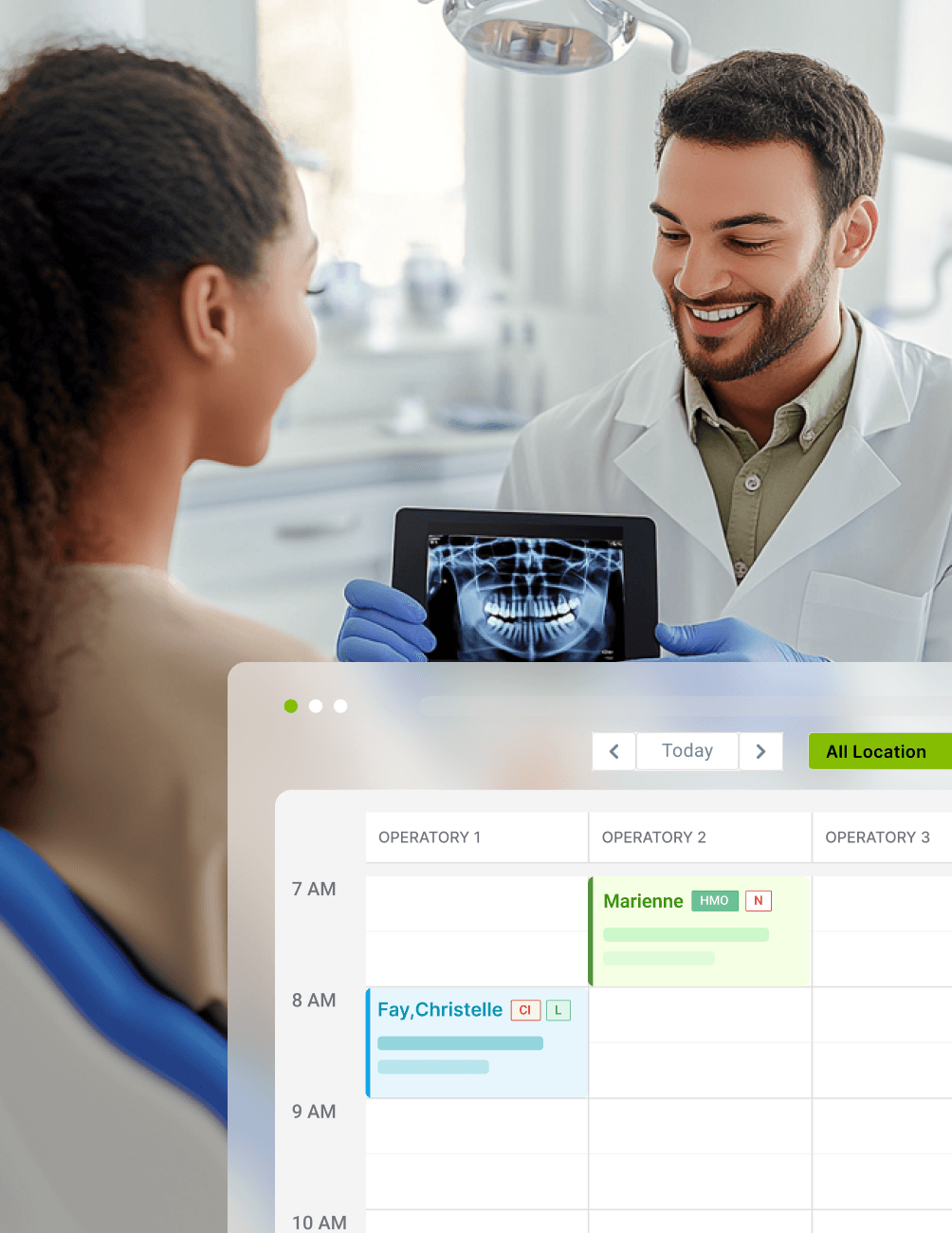 Dentist showing a dental X-ray on a tablet to a patient in a clinic, with a digital appointment schedule overlay.