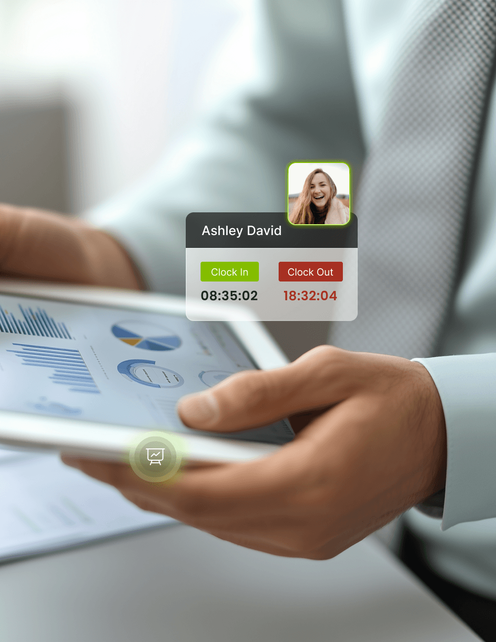 Man holding a tablet displaying charts. Overlay shows "Ashley David" with clock-in at 08:35:02 and clock-out at 18:32:04.