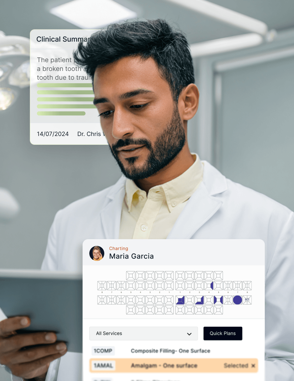 A doctor in a white coat reviews a patient's dental chart on a tablet, showing clinical summaries and treatment plans.