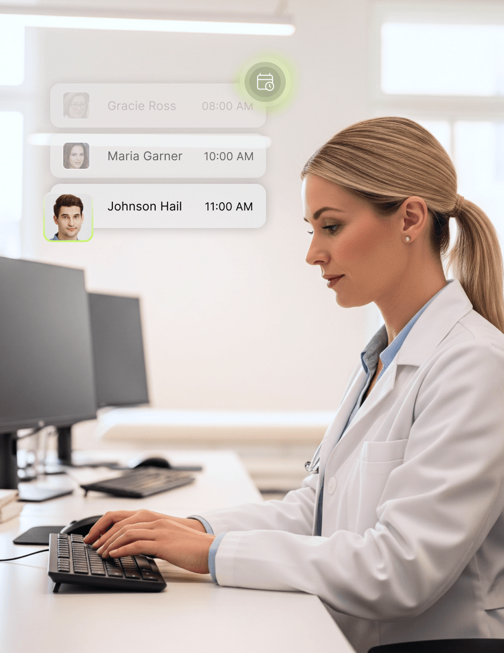 A dentist in a white coat uses a computer, managing appointments displayed on the screen, in a bright, modern office.