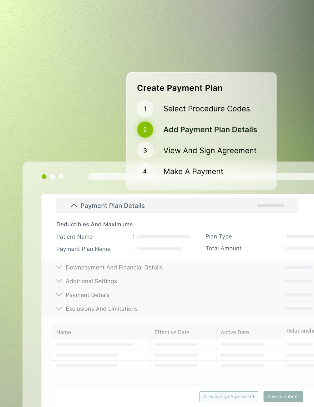 A payment plan interface on a screen showing steps to create a plan, with "Add Payment Plan Details" highlighted and details section below.