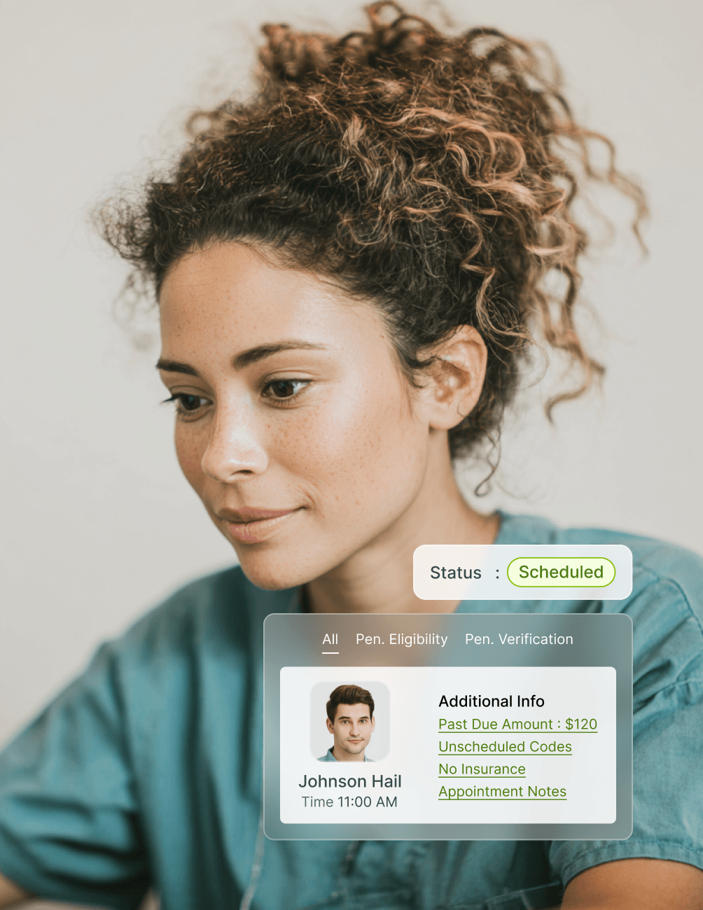 Woman viewing a digital appointment screen showing patient details, including status, name, time, and additional info.
