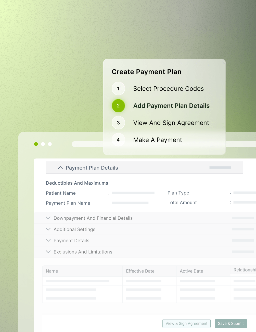 A computer screen displaying a payment plan form with a step-by-step guide, highlighting step 2: "Add Payment Plan Details."