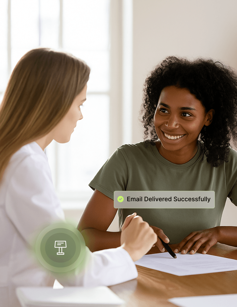 Two women sitting at a table, one with a pen, smiling and talking. A notification says "Email Delivered Successfully."
