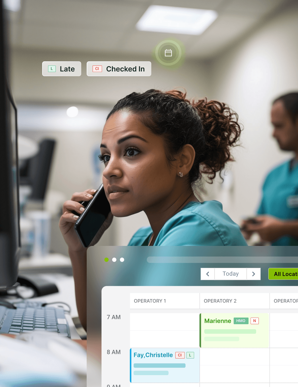 A dental practice employee on the phone at a computer, with a schedule displaying appointments and statuses like "Late" and "Checked In."