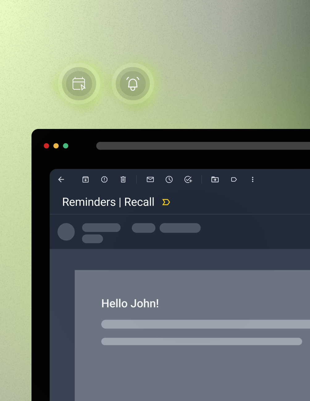 A computer screen displaying a reminders app interface with "Hello John!" and icons for calendar and notifications on a green background.