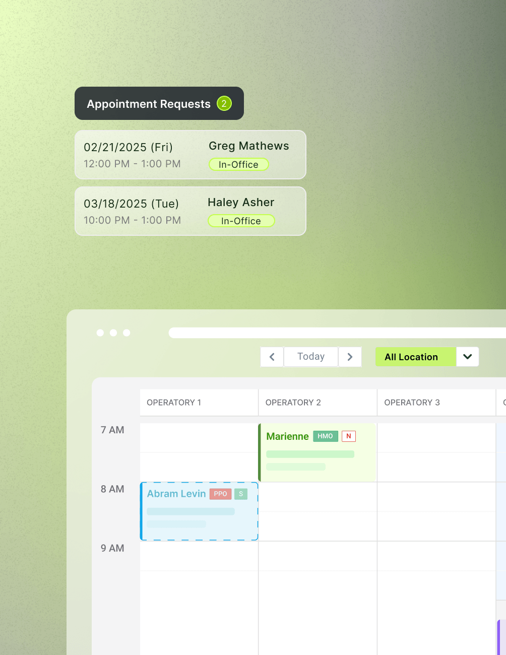 Calendar interface showing appointment requests for Greg Mathews and Haley Asher, with a schedule for Marienne and Abram Levin at 7-9 AM.