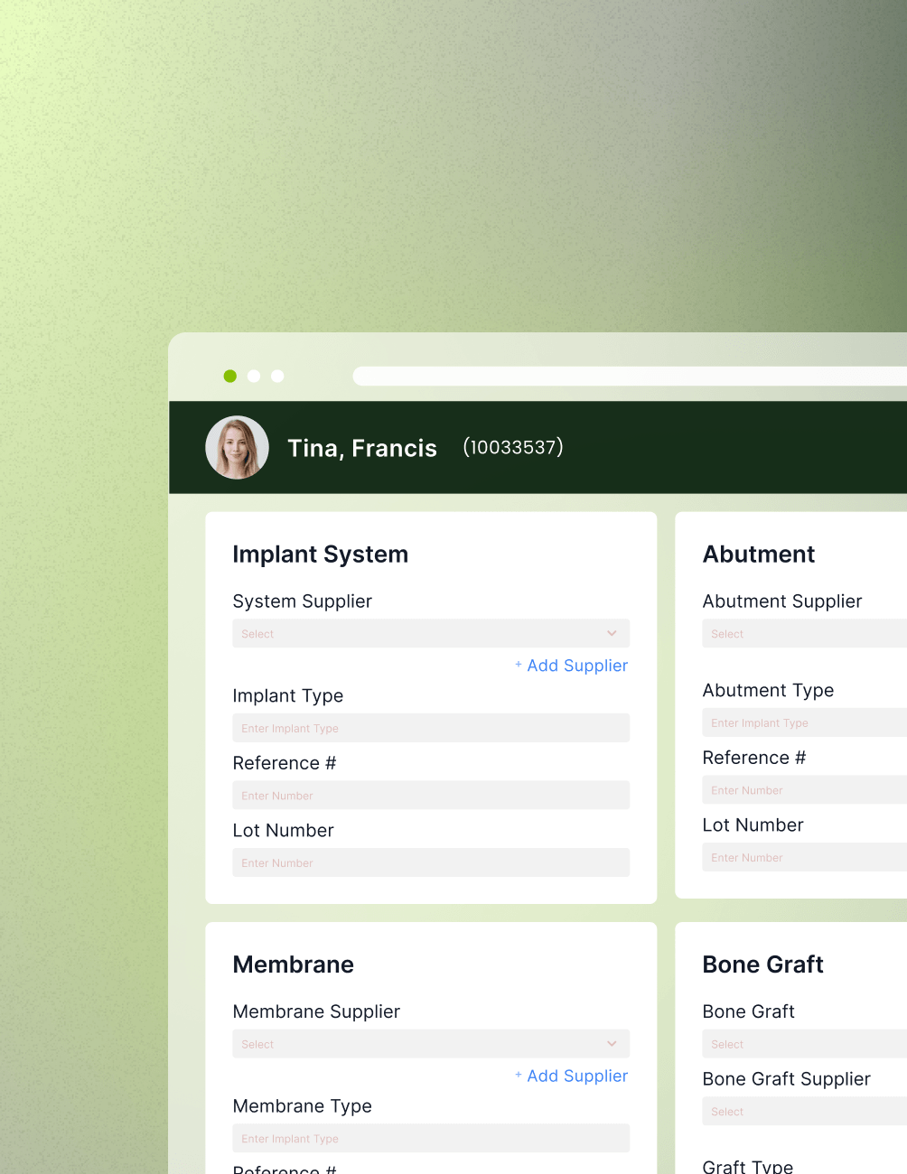 Web interface showing a profile with fields for implant system, abutment, membrane, and bone graft details. User name and ID at the top.