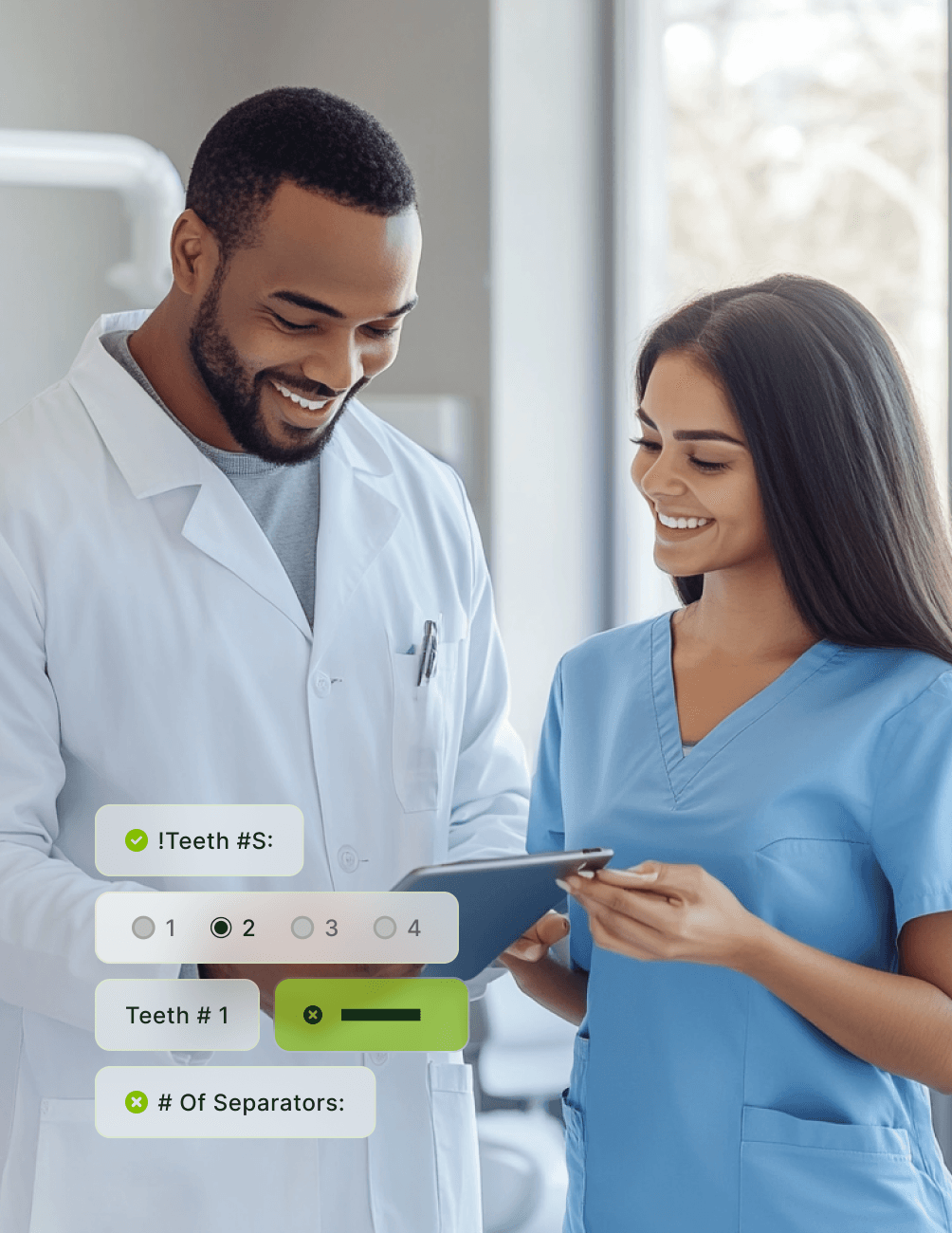 A dentist and dental assistant in scrubs discuss patient information on a tablet, with dental chart graphics overlaid.