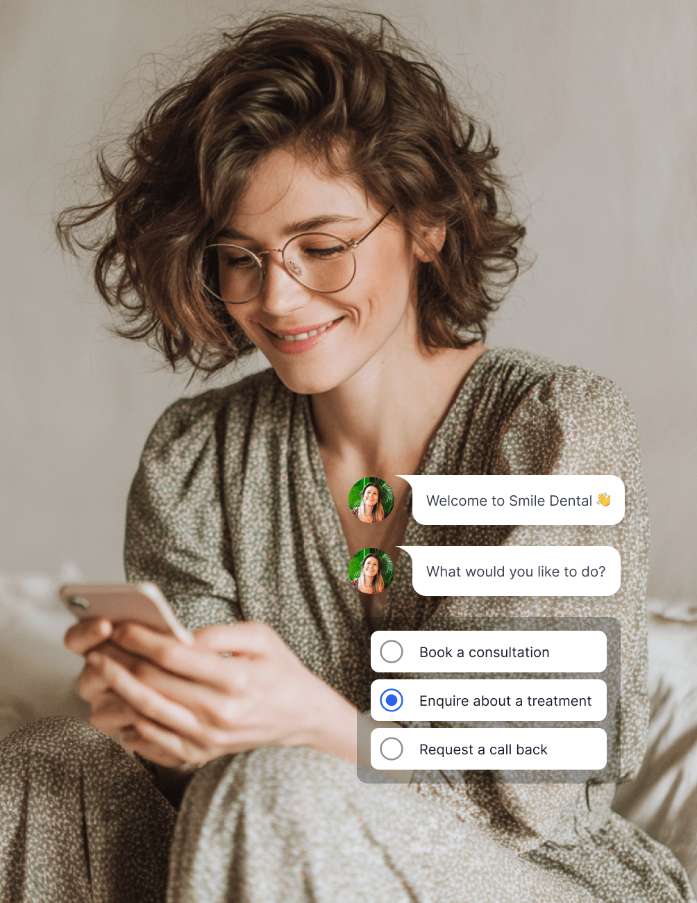 Smiling woman with curly hair and glasses using a smartphone. Text overlay offers options from Smile Dental for consultation or treatment.