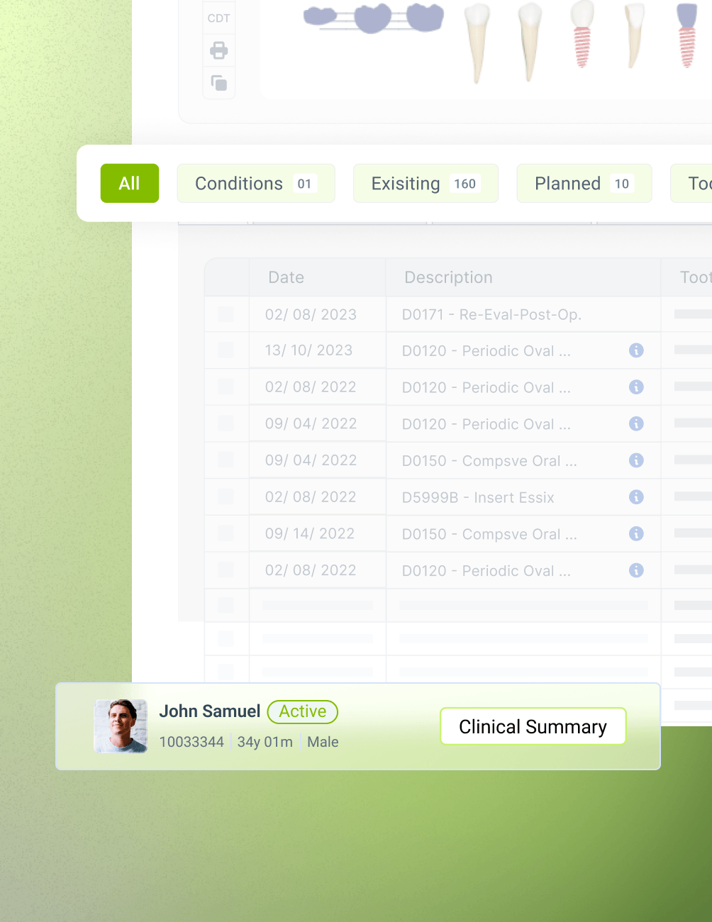 Dental software interface displaying patient records, tooth diagrams, and a profile card for John Samuel, marked as active.