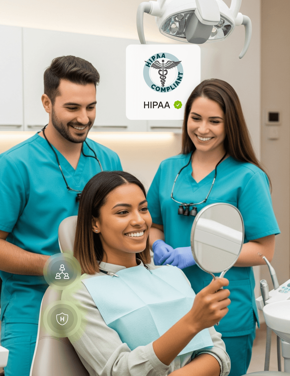 A woman in a dental chair smiles while holding a mirror, surrounded by two dental professionals in teal scrubs. HIPAA compliance symbol visible.