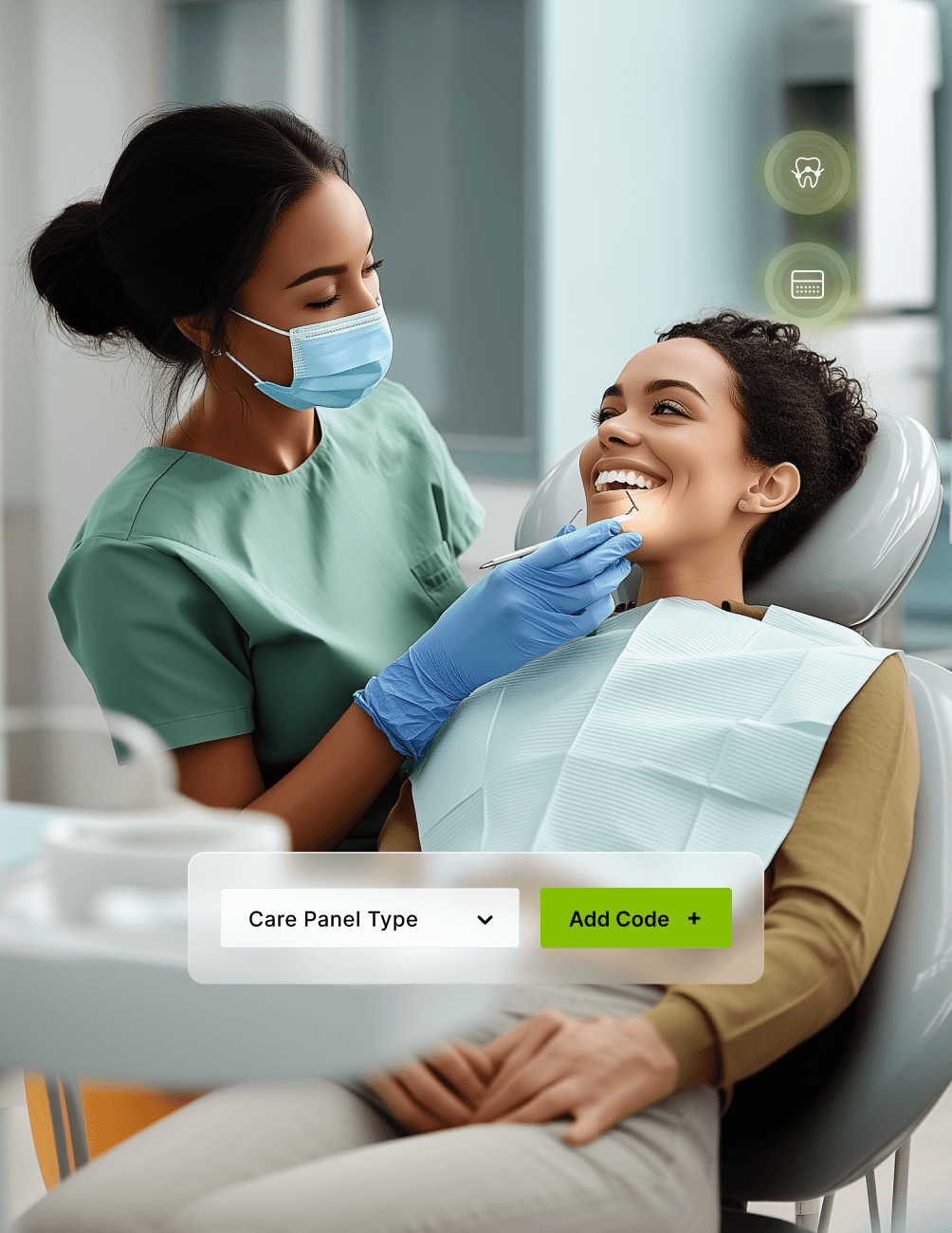 Dentist in green scrubs and mask examines a smiling patient in a dental chair, with a digital interface overlay.