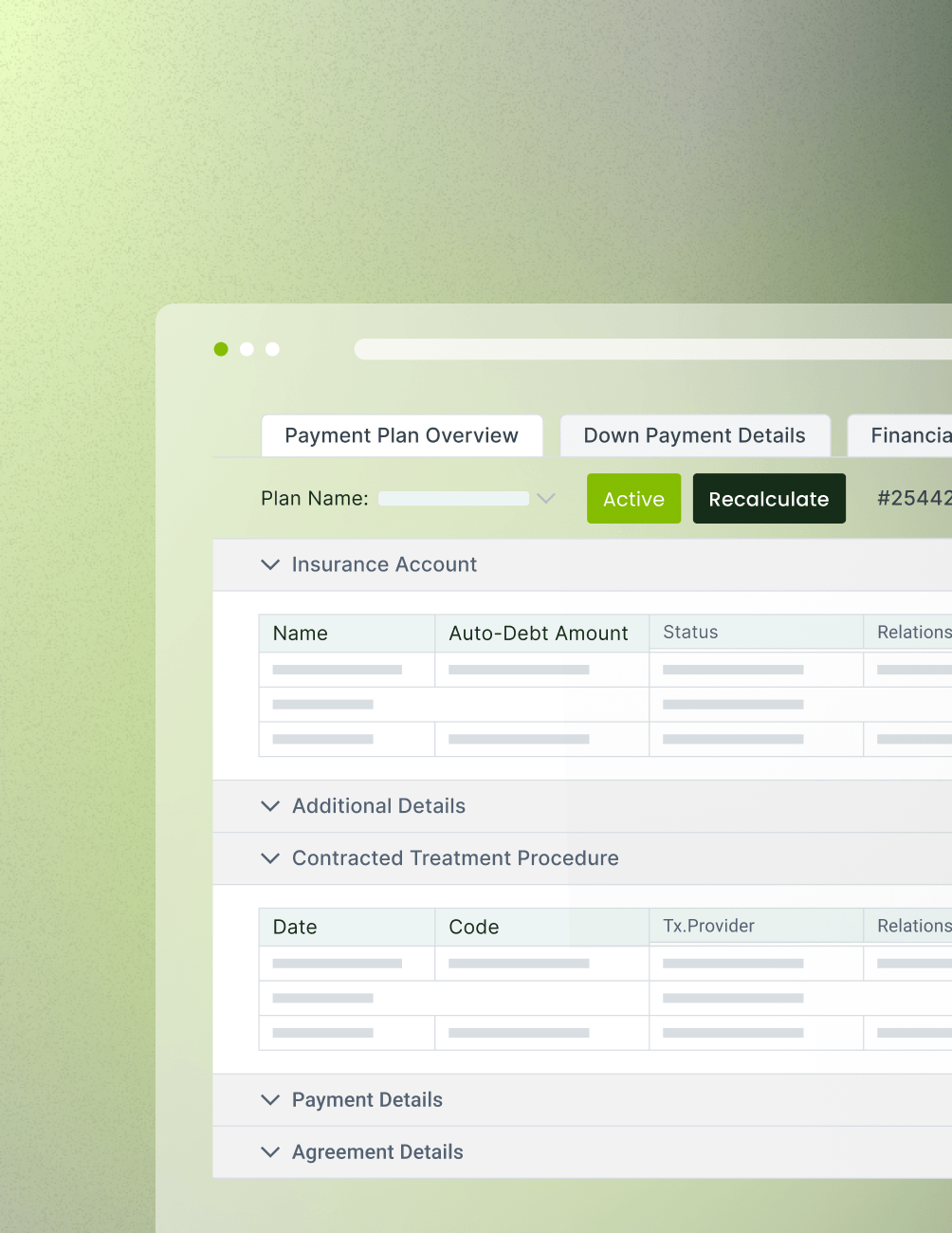 A user interface screen displaying a payment plan overview with options for plan details, insurance account, and payment and agreement sections.