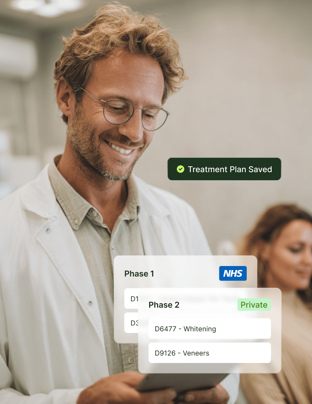A smiling man in a lab coat, holding a tablet with a "Treatment Plan Saved" notification and dental procedure phases displayed.