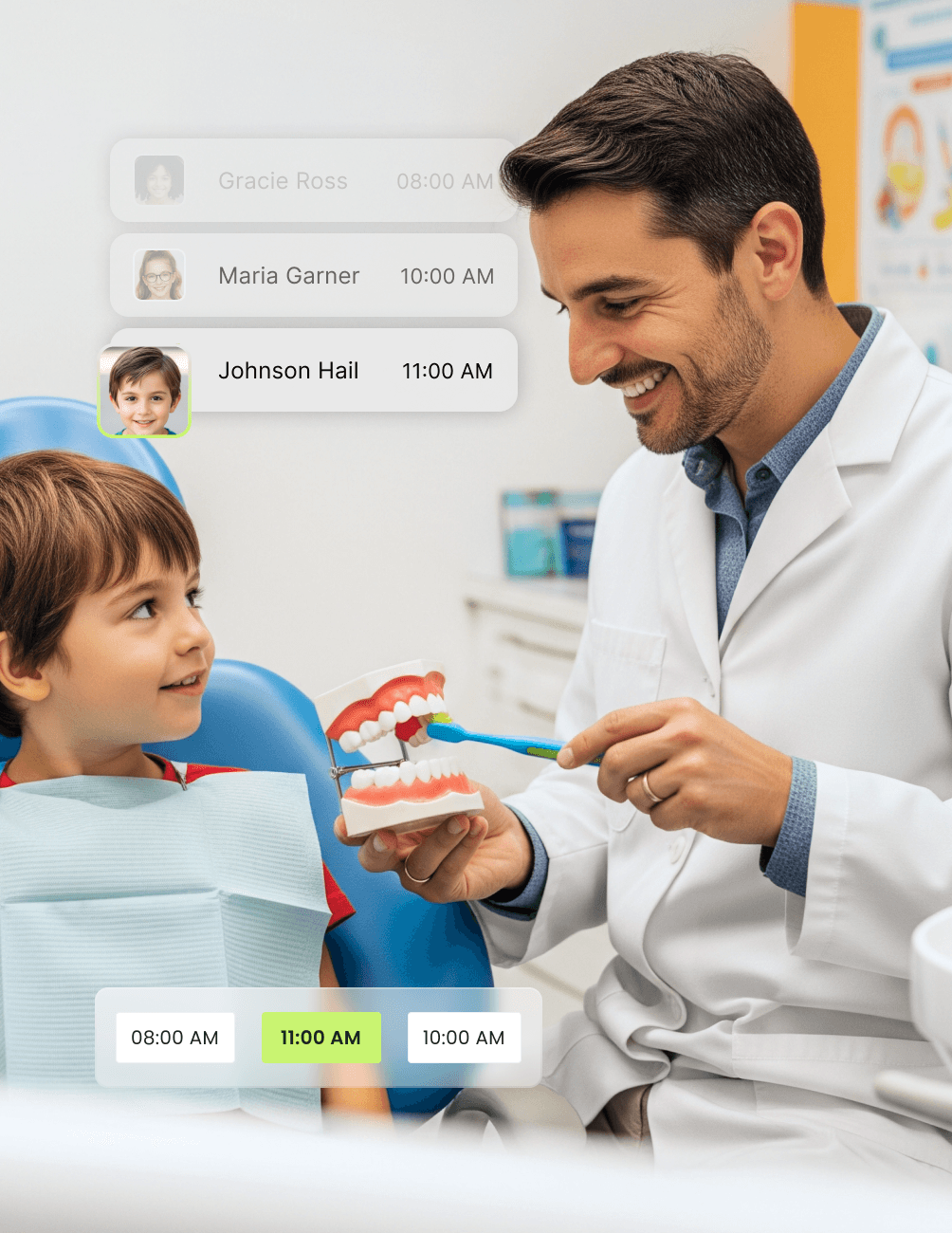 Dentist shows a young boy how to brush teeth using a dental model. Appointment times are displayed digitally.