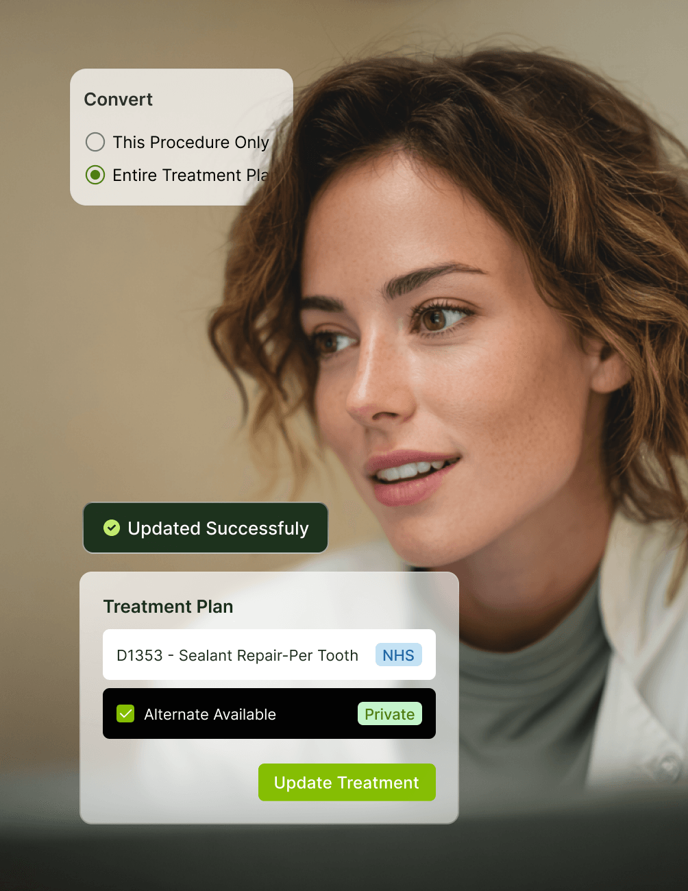 A person looking at a screen showing dental treatment plan options and updates, featuring NHS and Private choices.