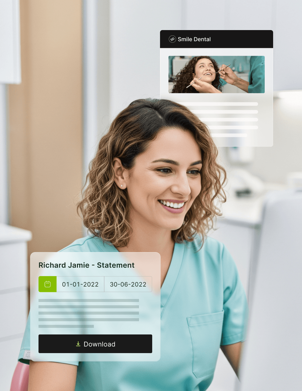 Smiling dental professional in scrubs at a computer, with digital overlays of patient statement and dental clinic logo.