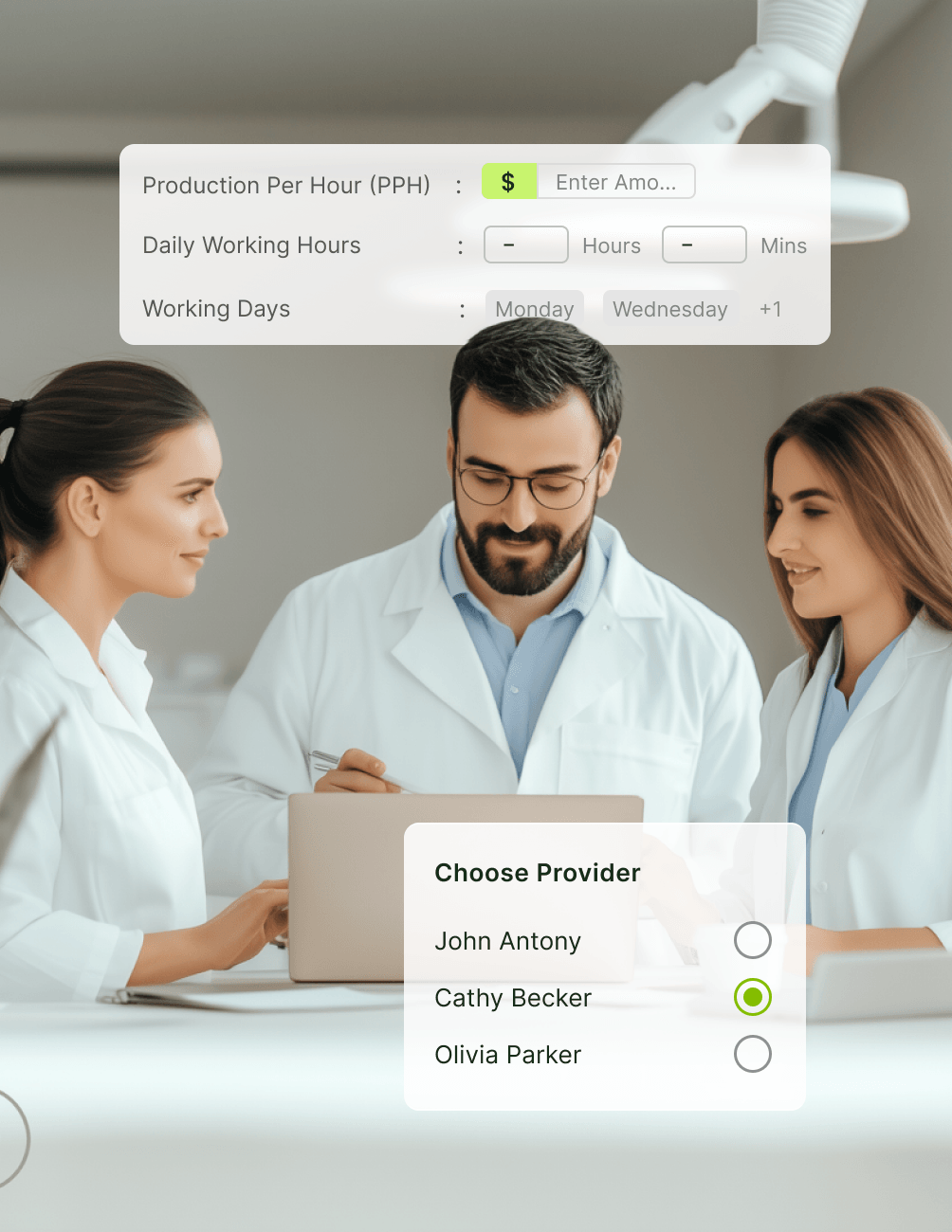 Three people in lab coats work together at a laptop. Overlays show settings for work hours and provider selection.