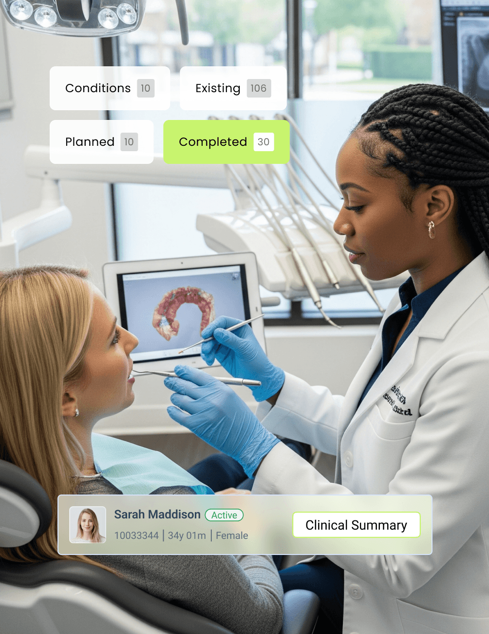 Dentist examining a patient's teeth in a modern clinic, with digital patient information and progress stats displayed on screens.