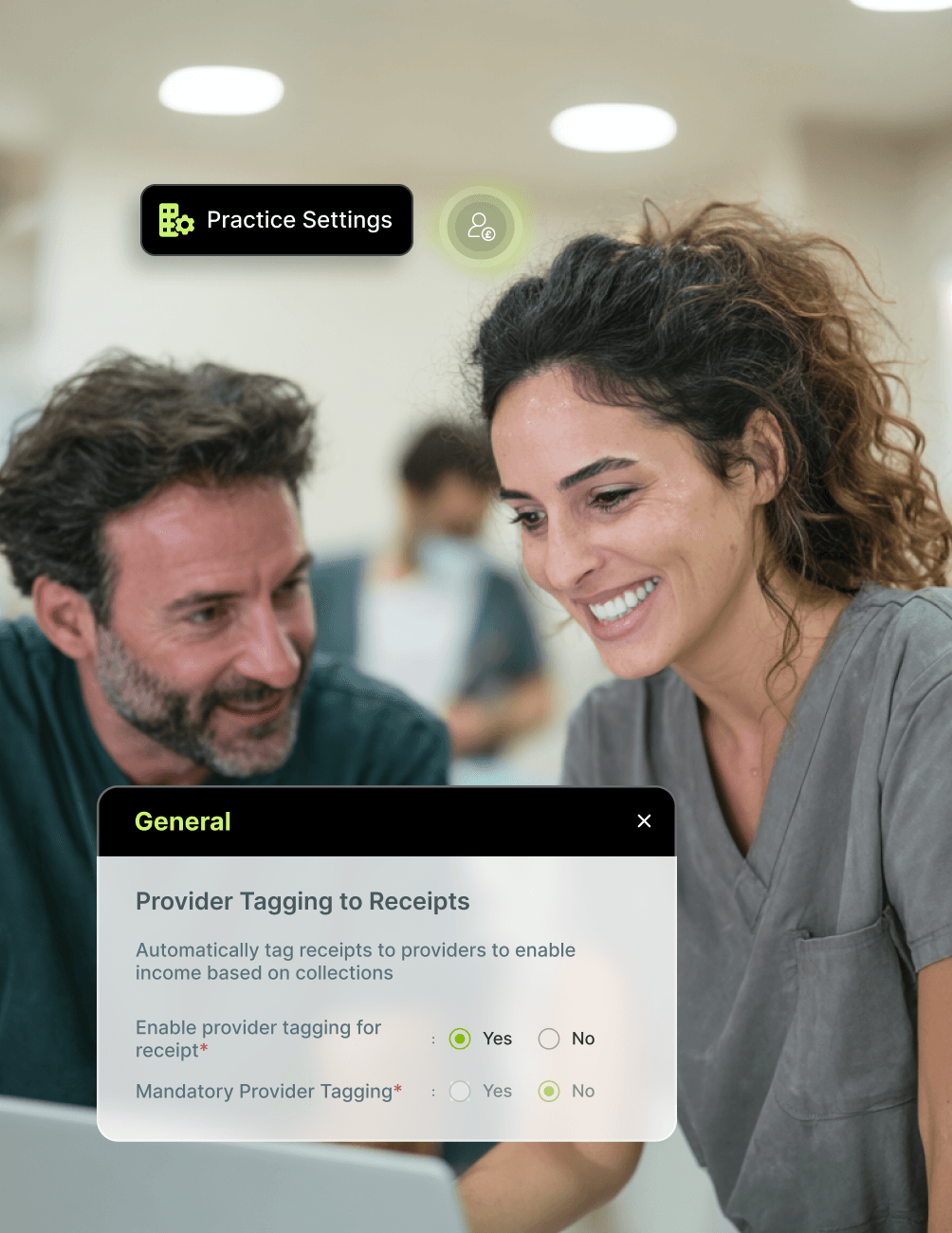 Two people smiling and looking at a screen displaying a setting interface for provider tagging to receipts, with Yes/No options highlighted.