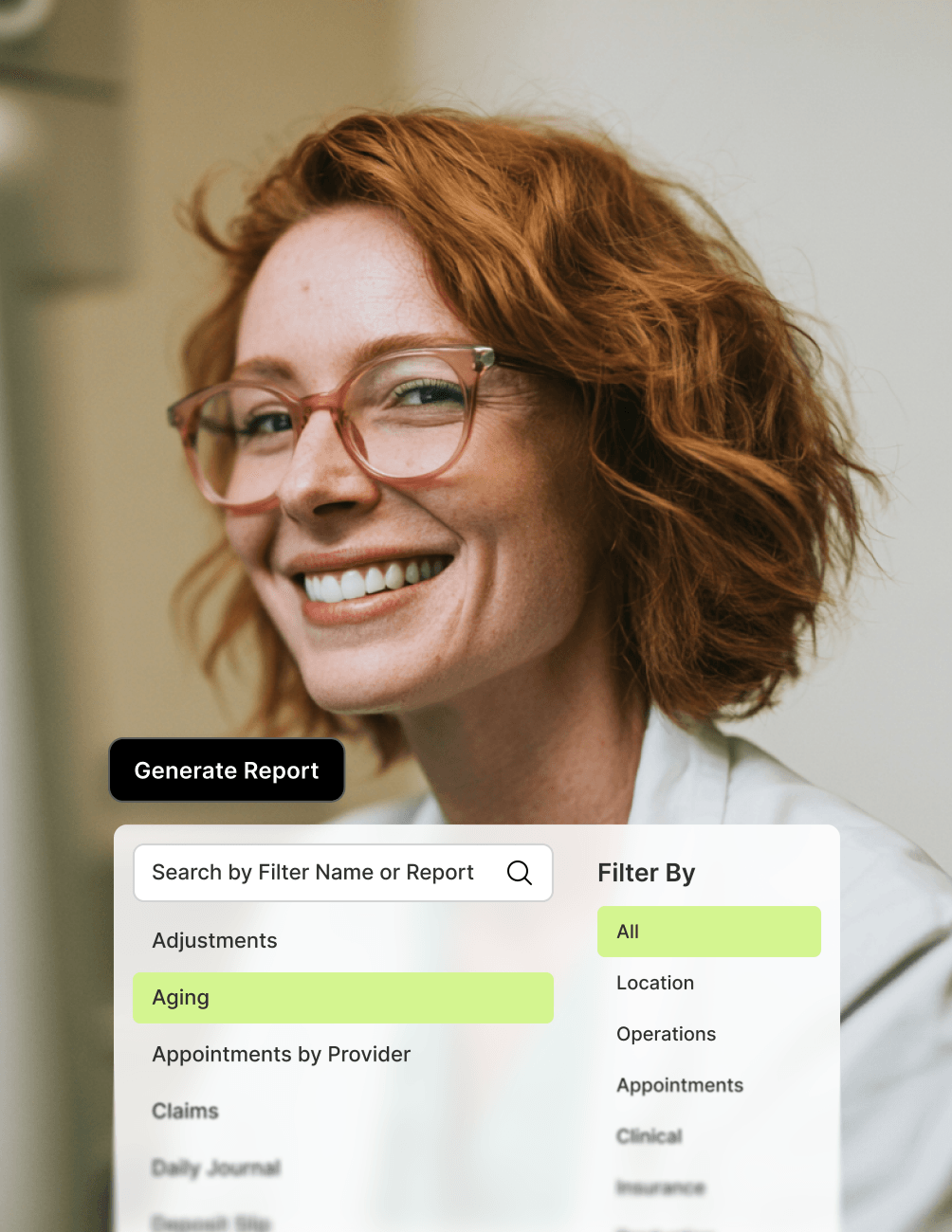 Smiling person with red hair and glasses, next to a report generation interface with search and filter options.