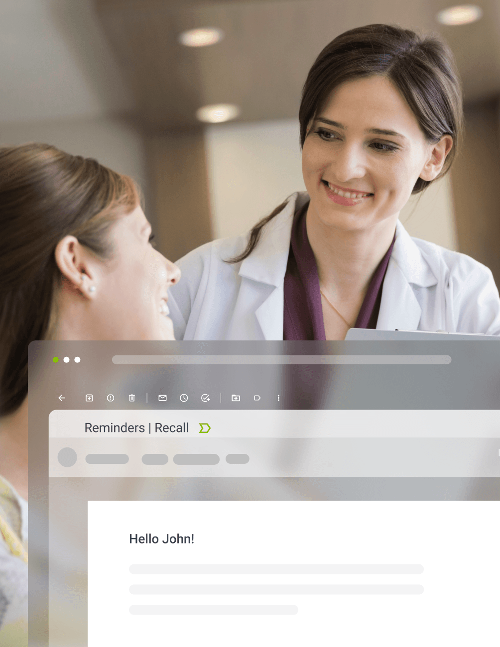 A smiling dentists talks to a patient, with an email interface overlay showing "Hello John!" on the screen.