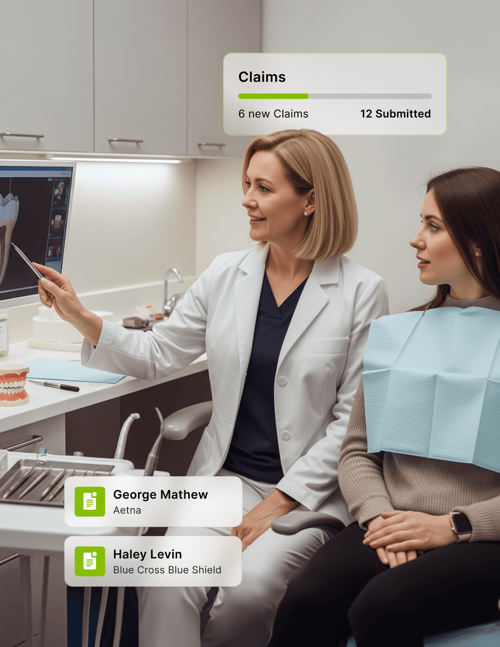 Dentist explaining dental X-ray to a patient in a clinic, with a digital display showing claims information and patient profiles.