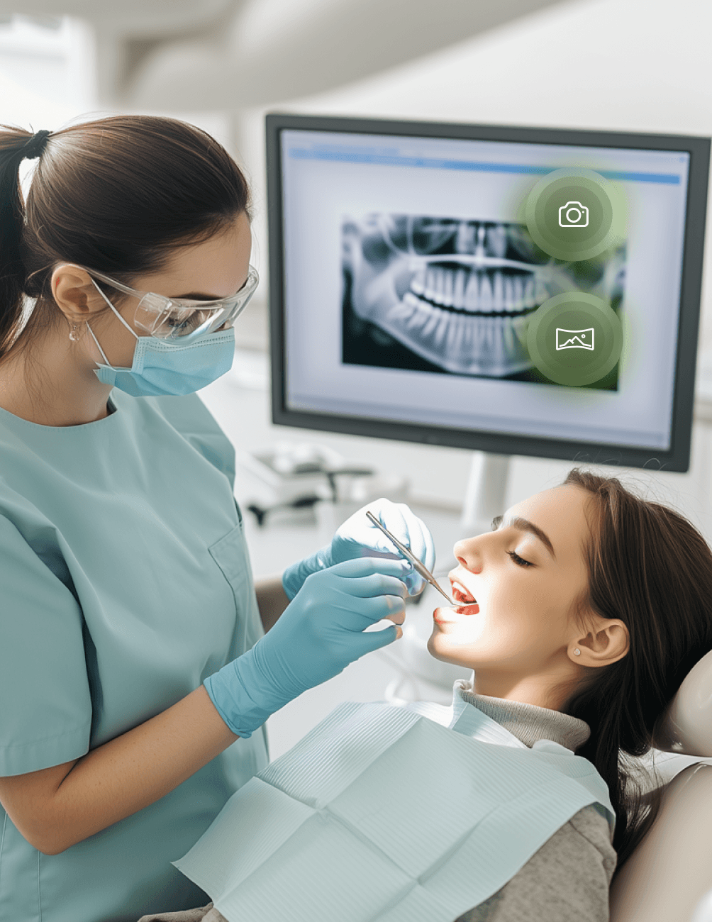 Dentist in scrubs examines a patient's teeth in a dental office, with an X-ray displayed on a monitor in the background.