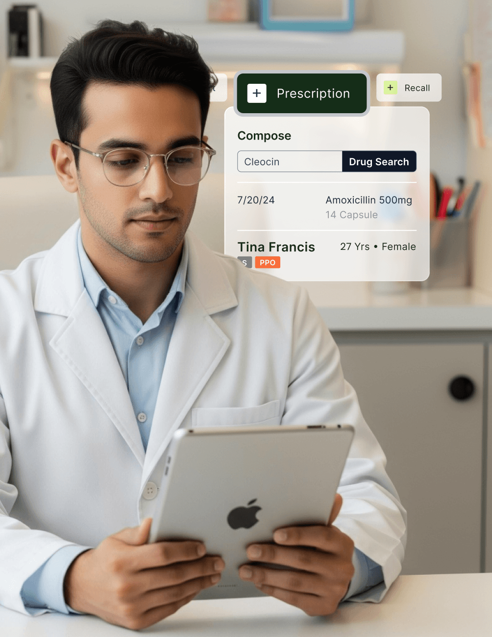 A doctor in a white coat uses a tablet to view a patient's prescription details in a modern office setting.