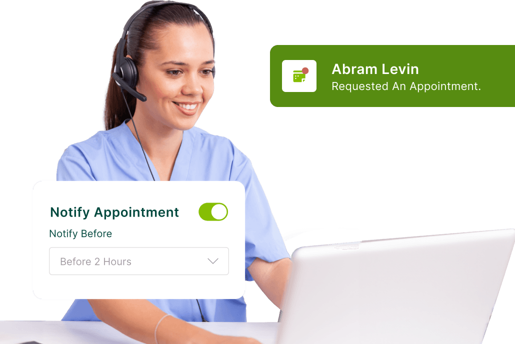 Appointment alert displaying a new patient appointment request with notification settings enabled.