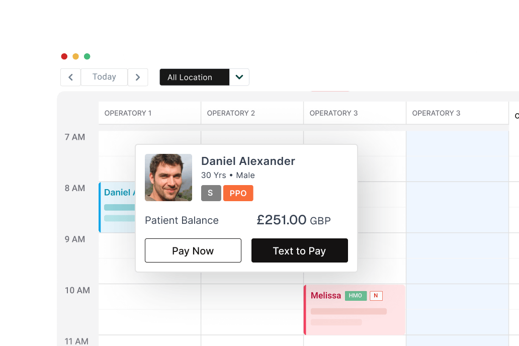 Calendar interface displaying a patient balance of £251.00 with Pay Now and Text to Pay payment options.