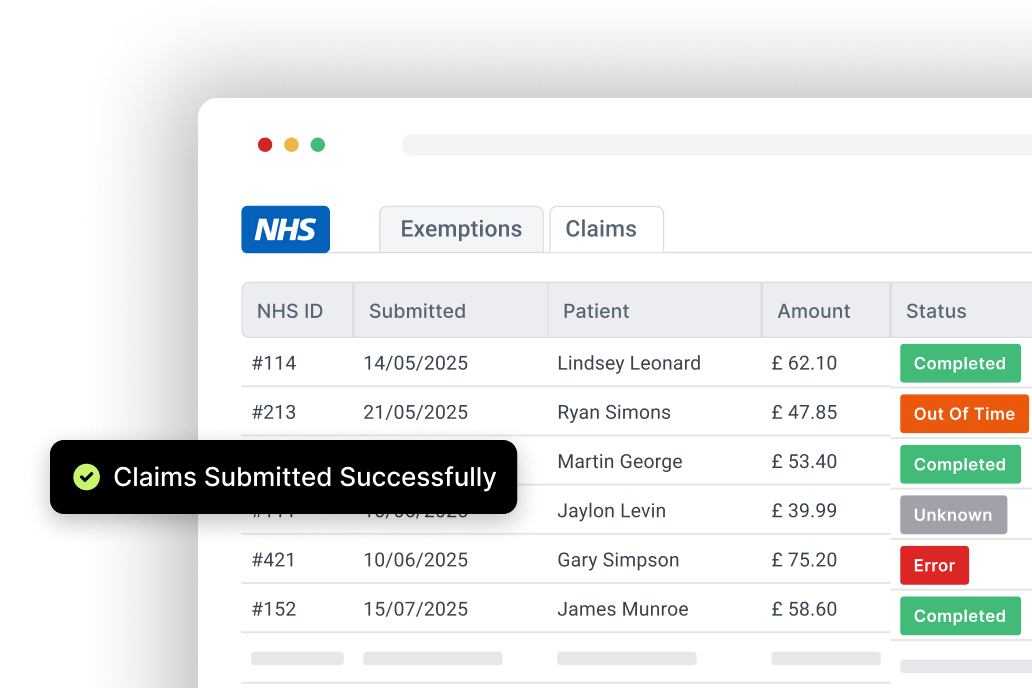 NHS claims dashboard showing submission statuses and amounts. A notification reads "Claims Submitted Successfully."