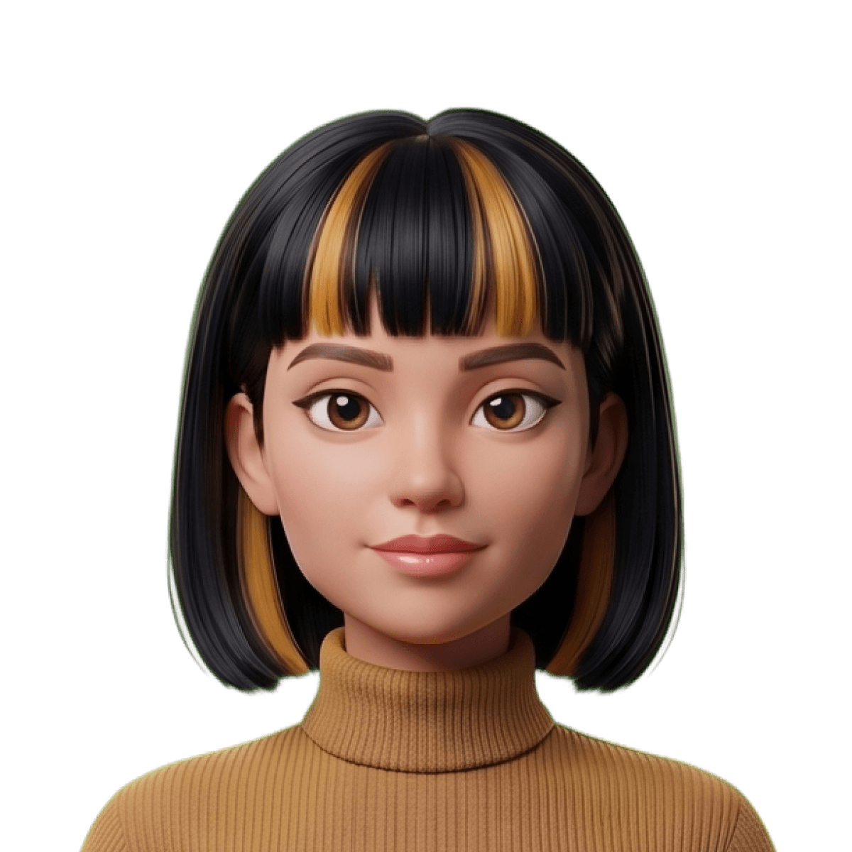 A digital illustration of a woman with straight black hair and yellow streaks, wearing a brown turtleneck, smiling slightly.