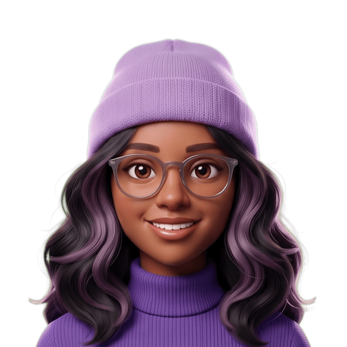 Smiling animated character with glasses, wearing a purple beanie and sweater, and curly hair with purple highlights.