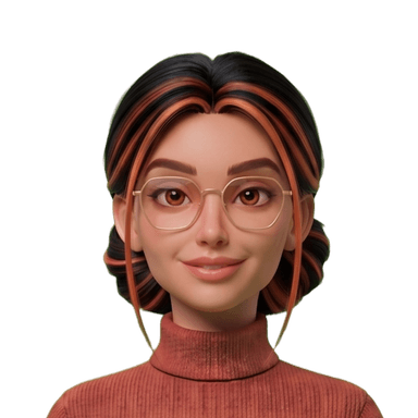Animated character with glasses, long hair in a mix of black and orange, wearing a turtle-neck sweater, smiling at the viewer.