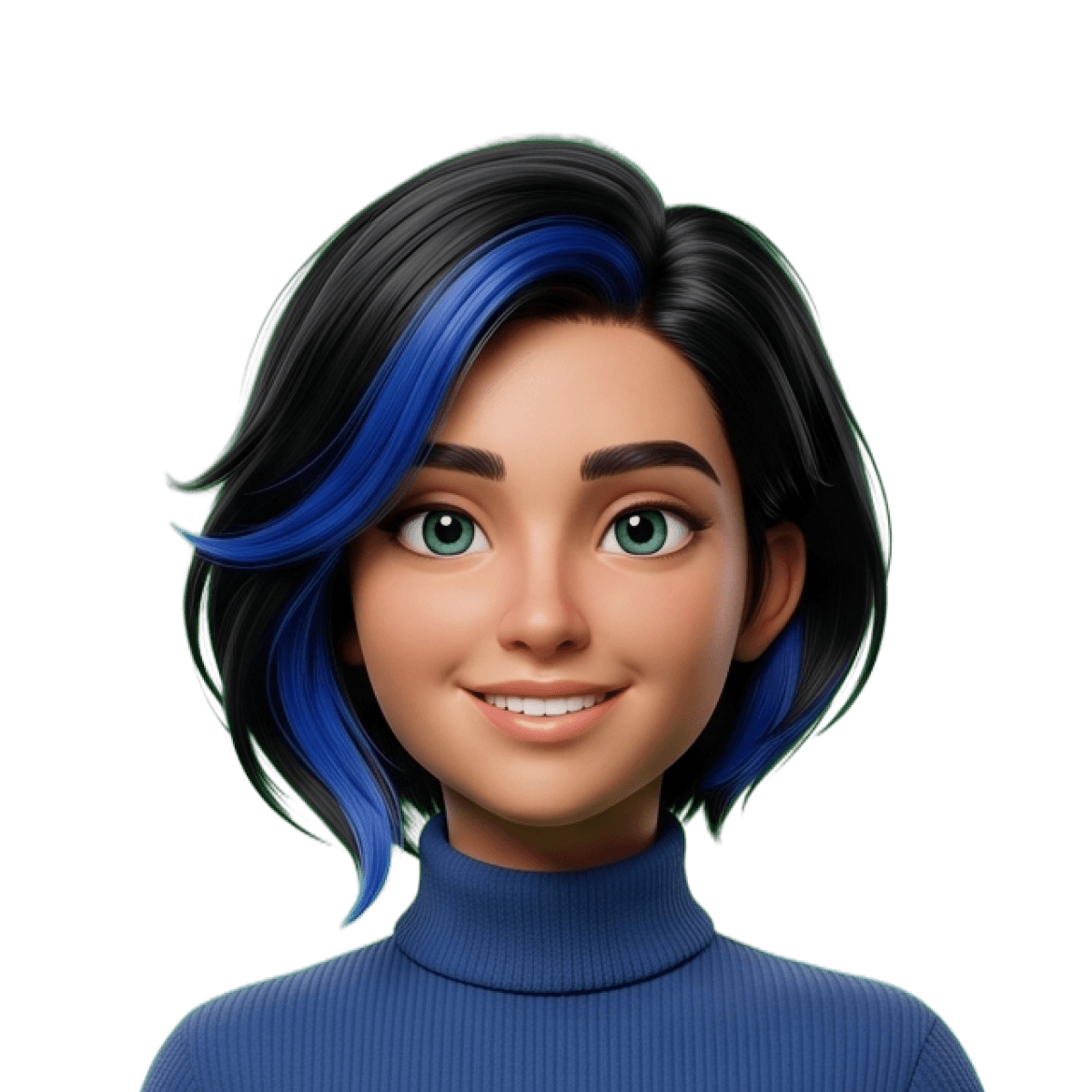 Smiling female animated character with black hair featuring blue highlights, wearing a blue turtleneck, set against a white background.