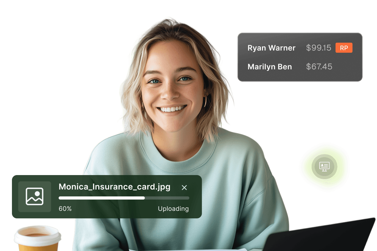 Smiling person with short hair sits at a table with a laptop. Image upload progress and payment amounts are displayed on the screen.