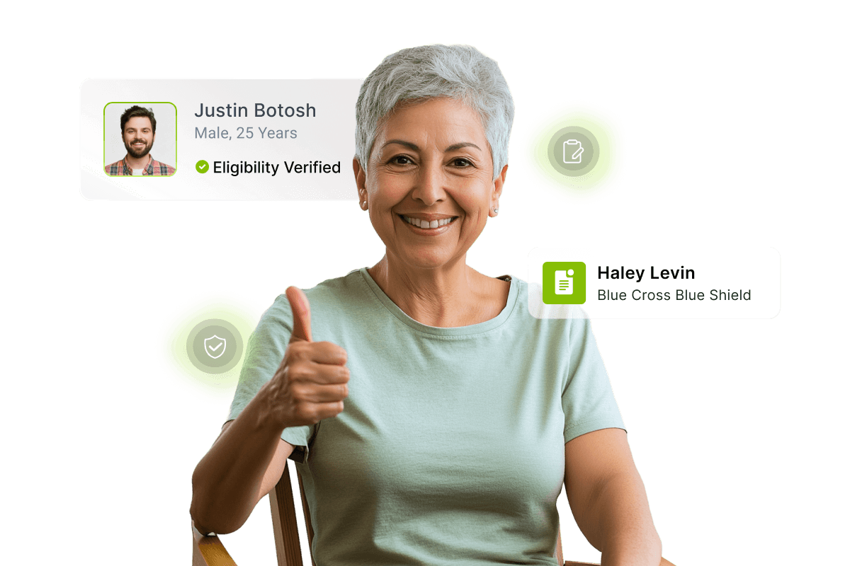 Smiling woman giving a thumbs-up, surrounded by digital profiles with icons indicating verification and insurance details.