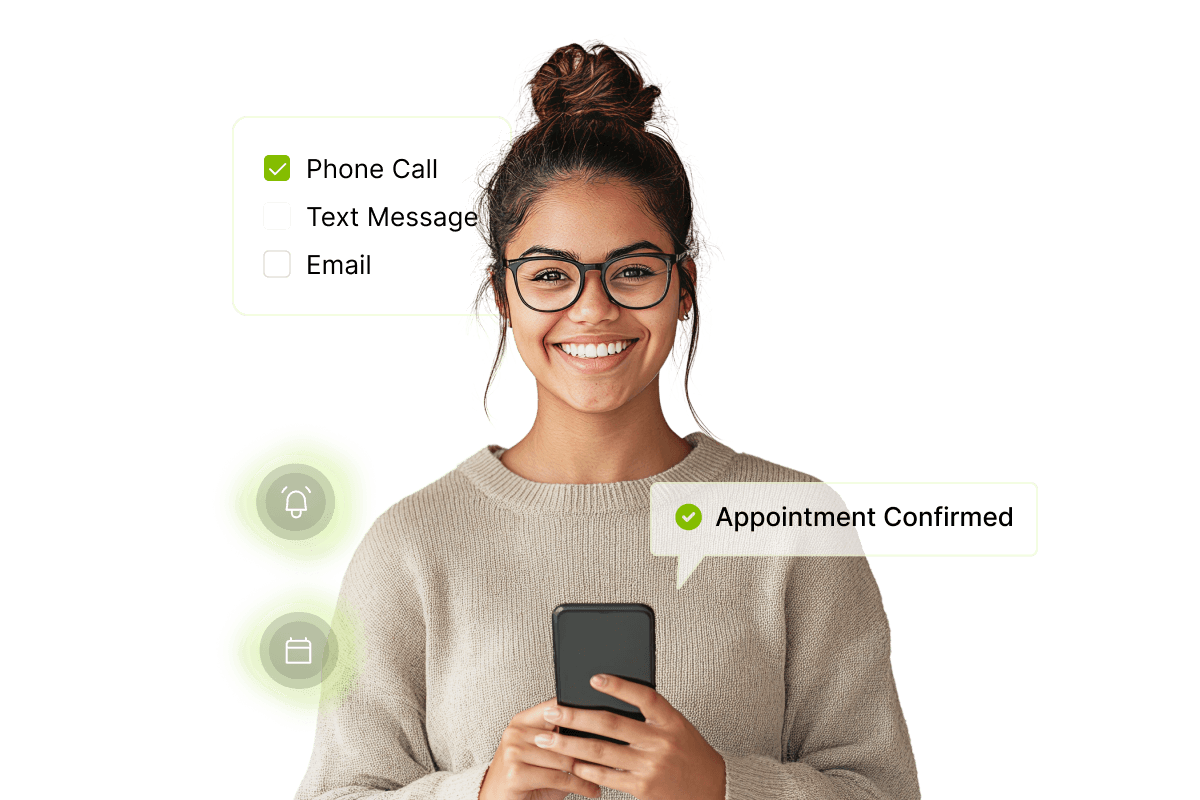 Smiling woman holding a phone with notification icons for phone call, text, email, and a confirmed appointment.