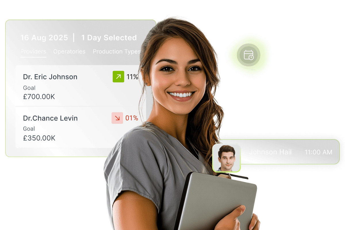 Smiling woman holding a clipboard with a scheduling interface showing goals for Dr. Eric Johnson and Dr. Chance Levin on August 16, 2025.