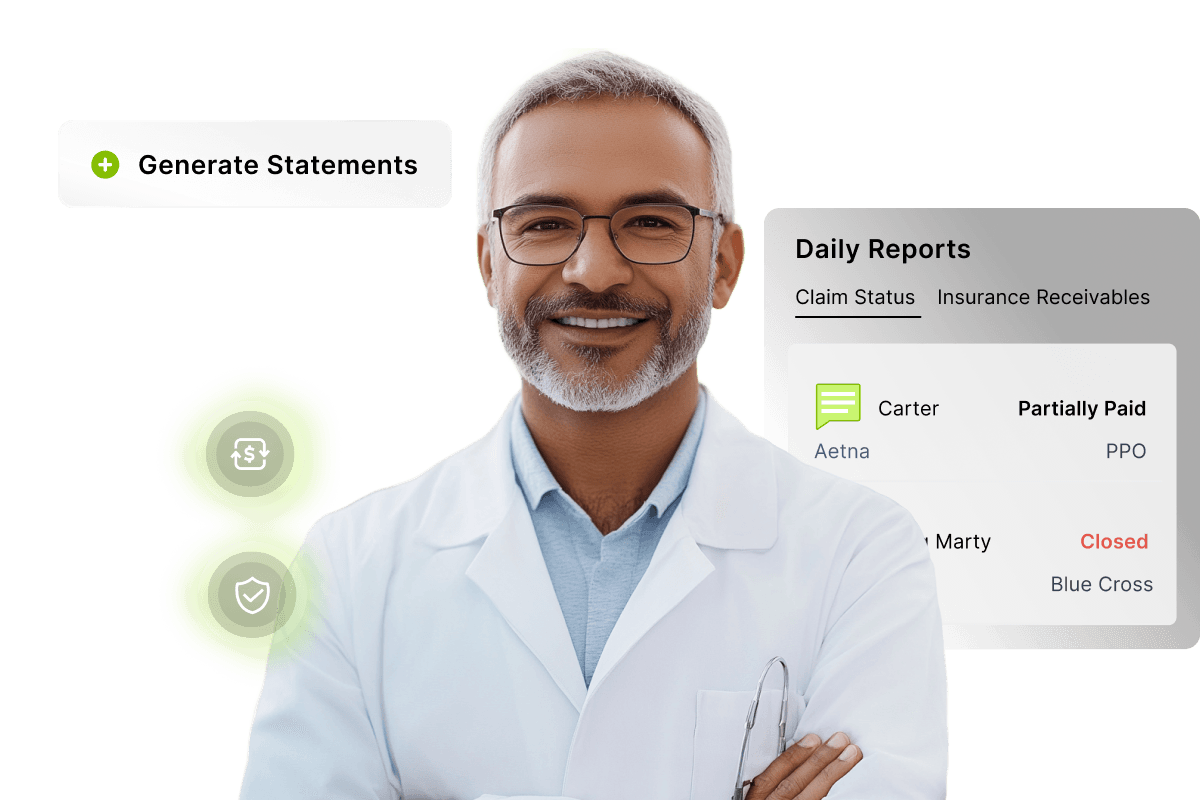 Smiling dentist in a lab coat with digital icons and a daily reports interface showing claim statuses and insurance information.