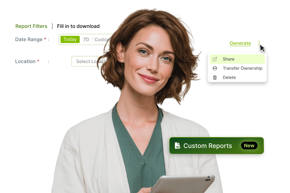 Woman holding a tablet with report filter and custom report buttons displayed, and options like "Generate" and "Share" highlighted.