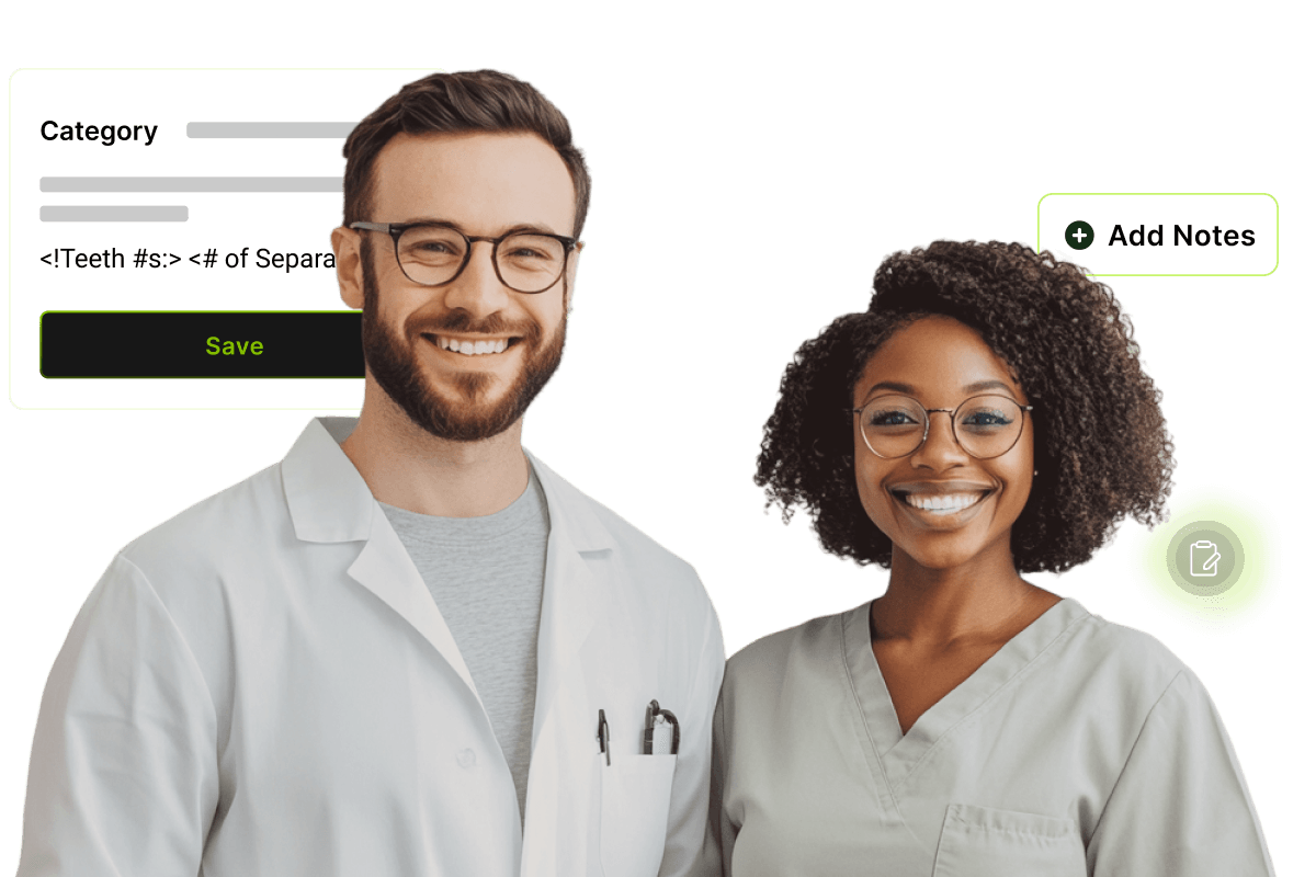 A smiling man and woman in lab coats stand in front of a digital interface with options for adding notes and saving categories.