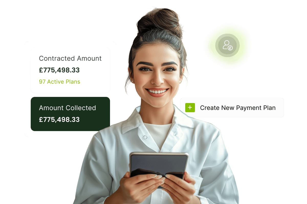 Smiling woman with a tablet shows financial dashboard: contracted amount £775,498.33, 97 active plans, and an option to create new payment plan.