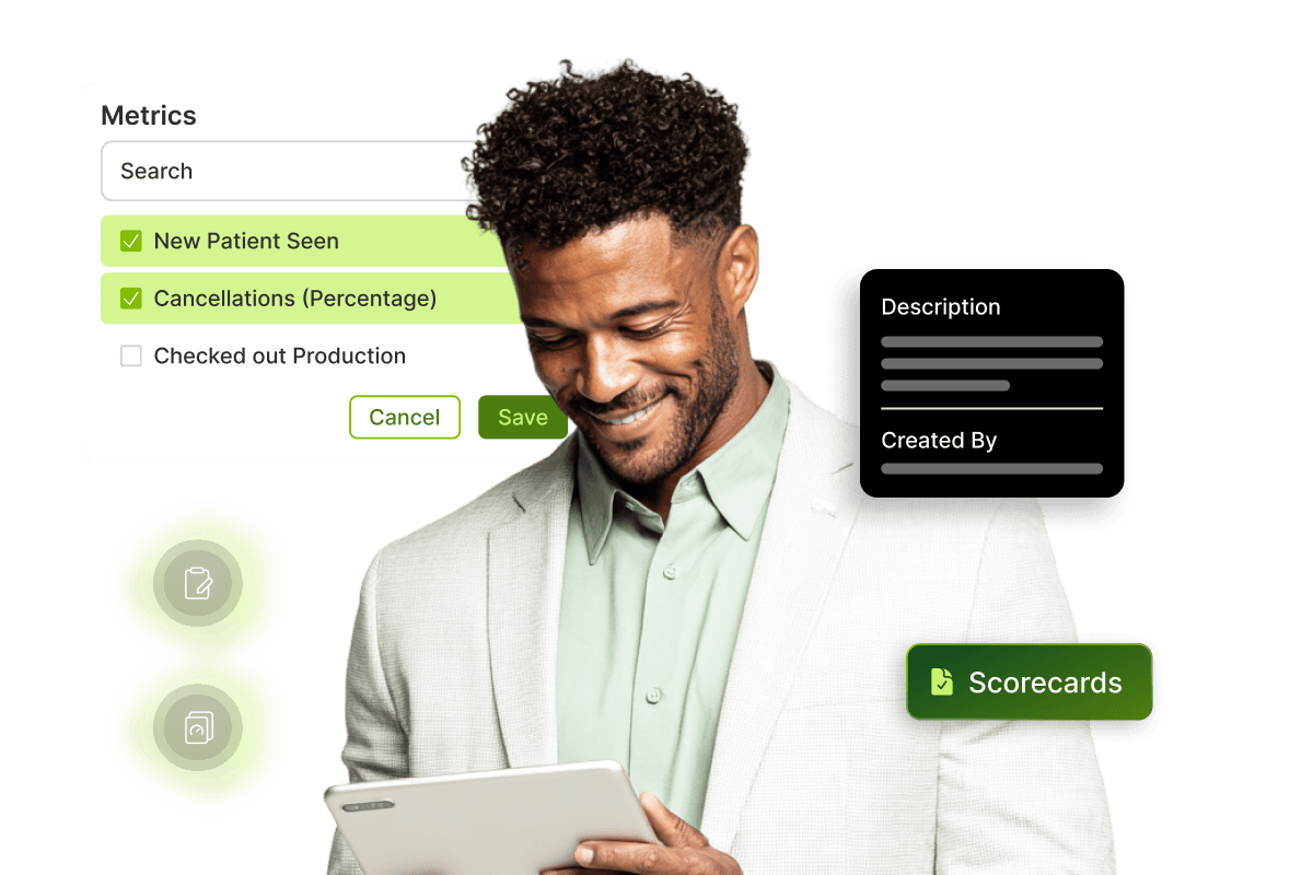 Smiling man in suit using tablet, surrounded by digital interface elements like metrics and scorecards.