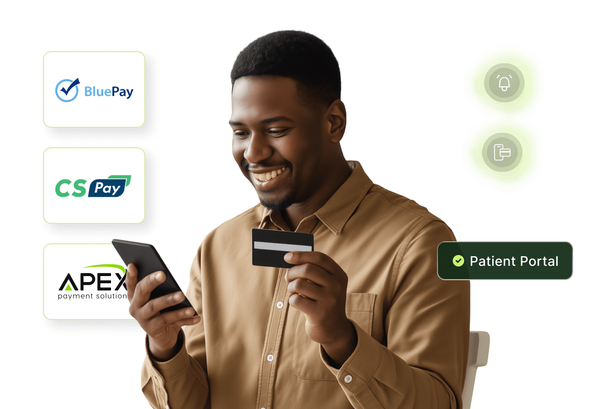 Smiling man holds a credit card and phone, surrounded by logos for BluePay, CS Pay, APEX, and icons for security and a patient portal.