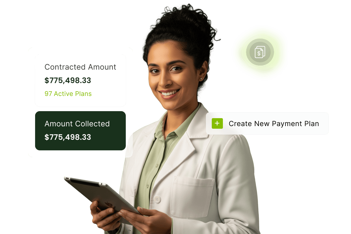 Smiling dentist in a white coat holding a tablet, with financial data and a "Create New Payment Plan" button displayed beside her.