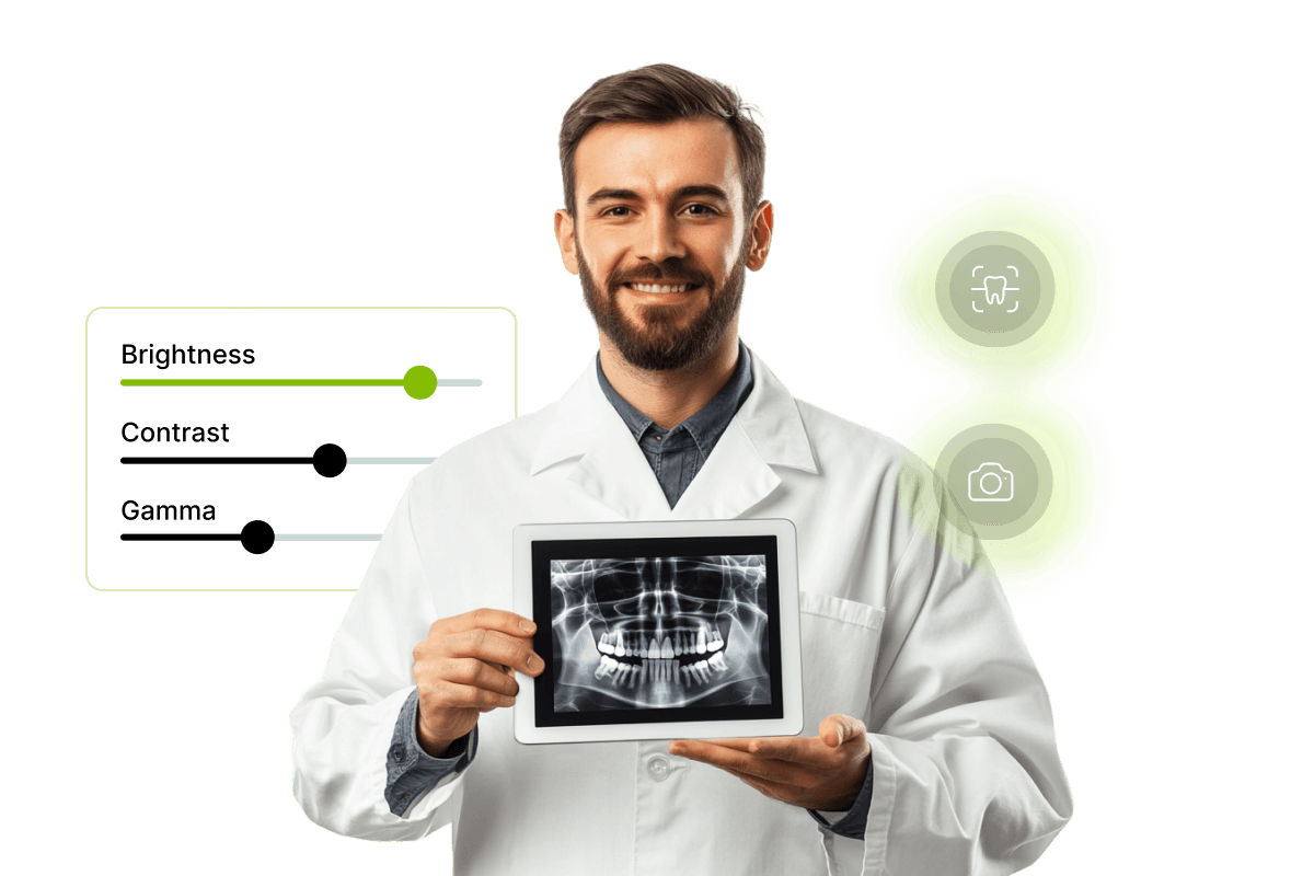 Smiling dentist in a white coat holds a dental X-ray on a tablet. Brightness, contrast, and gamma settings are displayed beside him.